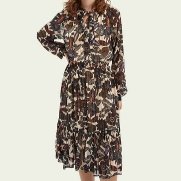 Scotch & Soda Boho Floral Flowy Midi Dress Long Sleeve Tiered Skirt Size S 70s - Picture 1 of 15